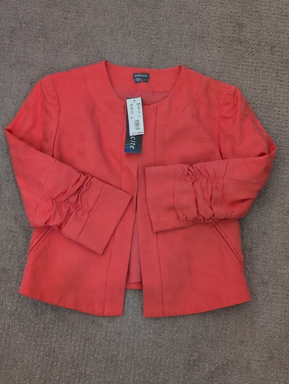 Anthracite Embroidered Open Front Ruched Sleeve Vibrant Orange Blazer/ Jacket